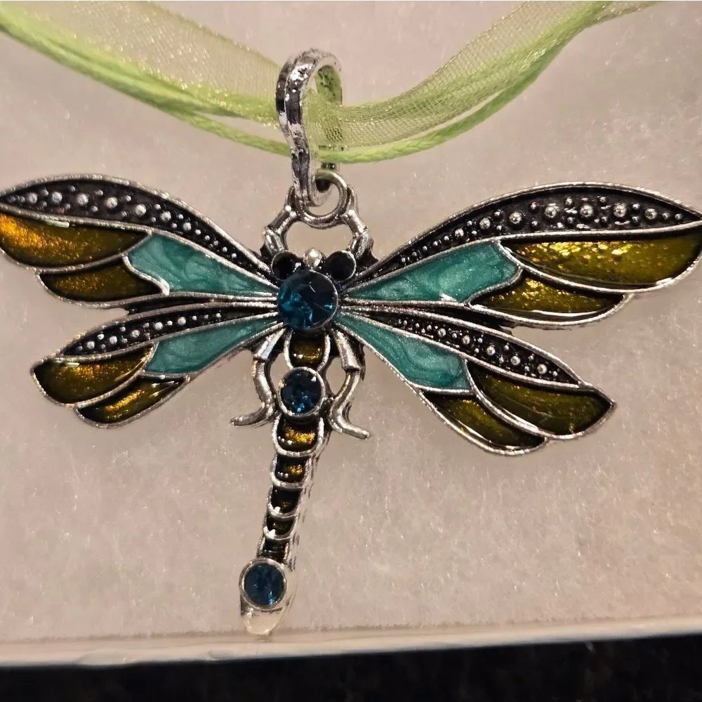 Dragonfly Pendant Necklace with Green Ribbon With Rhinestones